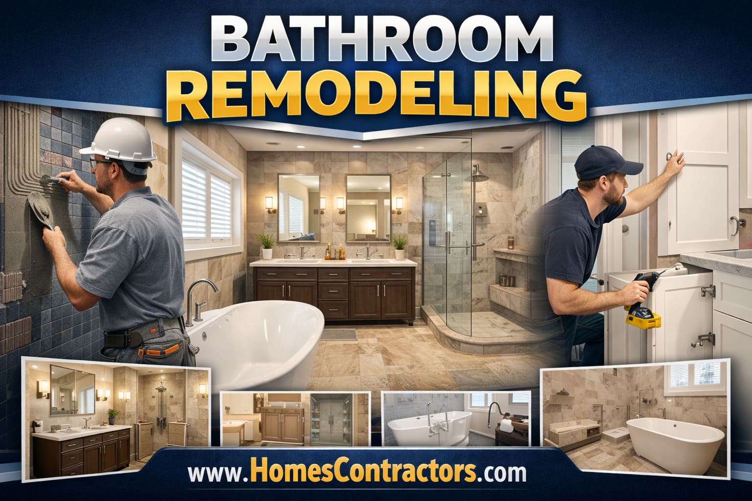 Bathroom renovation contractors installing a custom tile shower in a modern bathroom