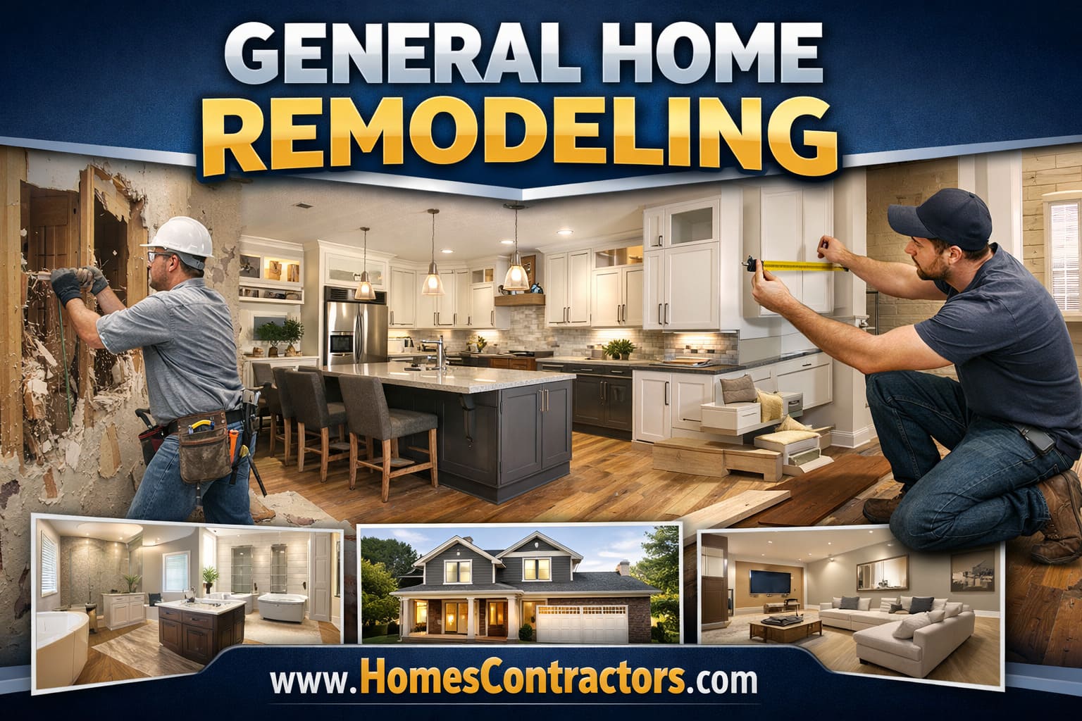 General remodeling contractors working on a kitchen renovation in a typical American home